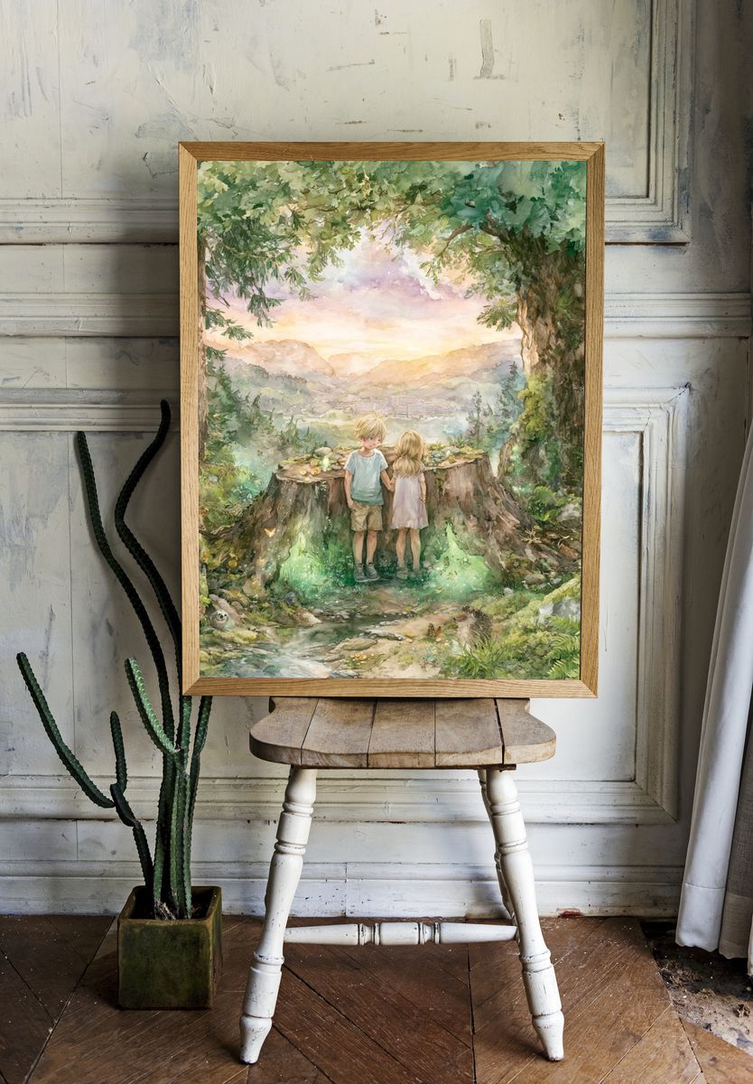 Enchanted Forest Children Watercolor Print. room preview