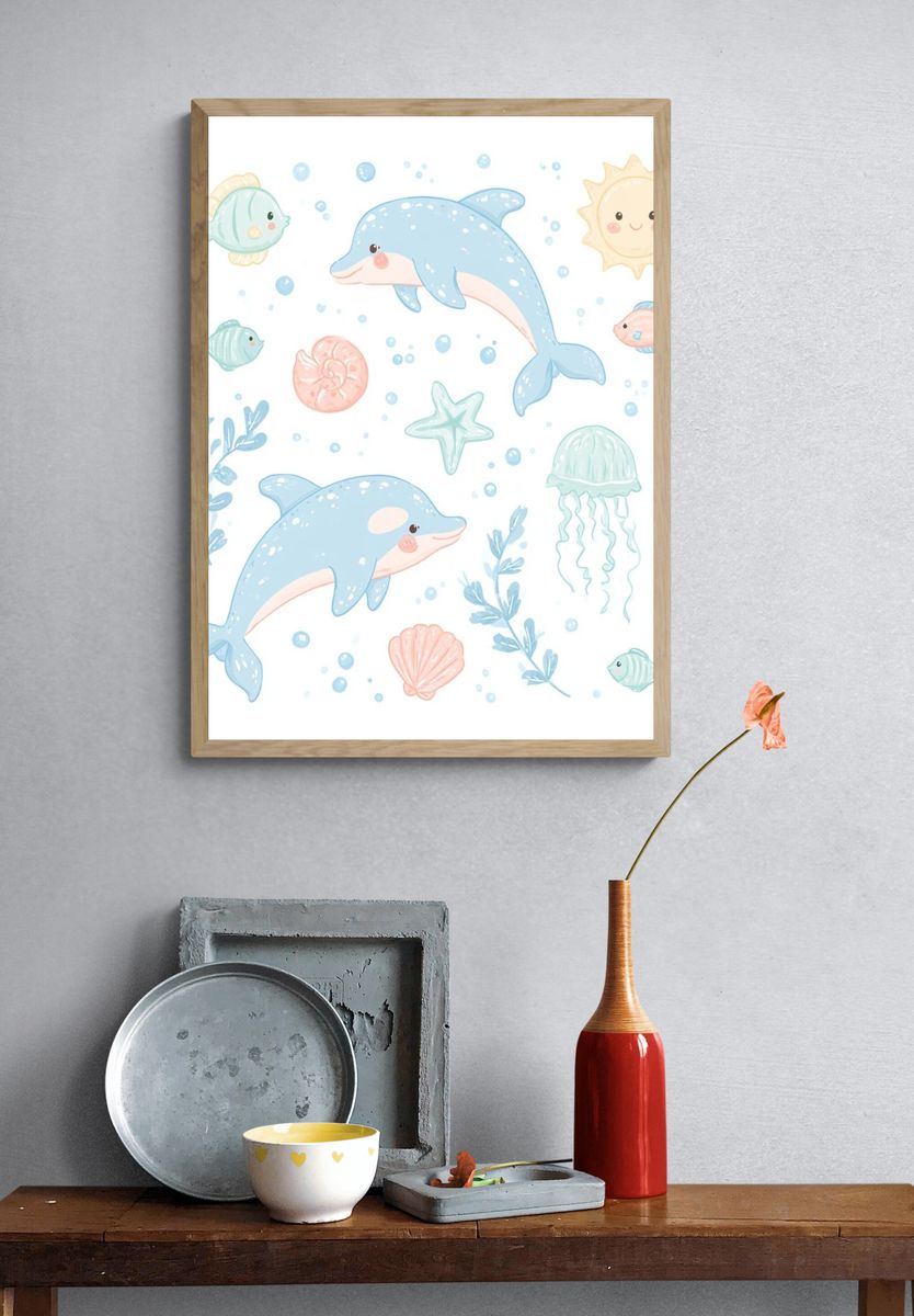 Pastel Ocean Friends Illustration Poster. — room view 3