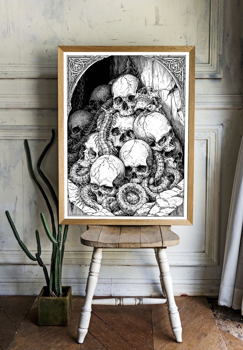 Skull Pile Gothic Illustration Poster. — room view 1