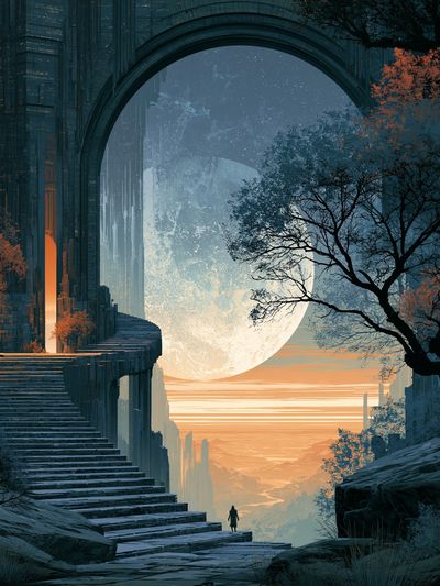 Moonlit Futuristic Landscape Print. poster