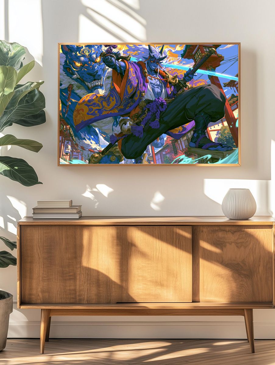 Samurai Demon Battle Illustration Poster. — room view 3