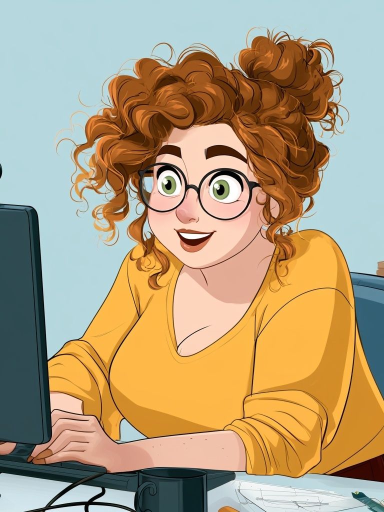 Curly-Haired Woman at Desk Illustration Poster. poster — illustration art