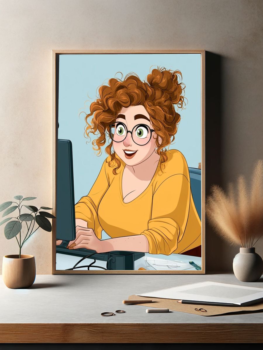 Curly-Haired Woman at Desk Illustration Poster. — room view 2