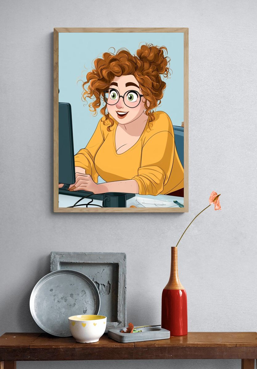 Curly-Haired Woman at Desk Illustration Poster. — room view 3