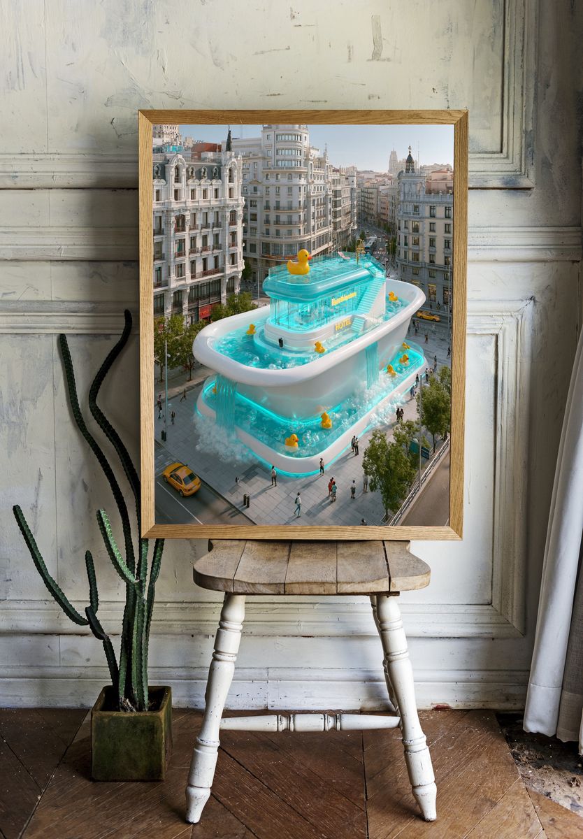 Surreal Duck Hotel Cityscape Print. room preview