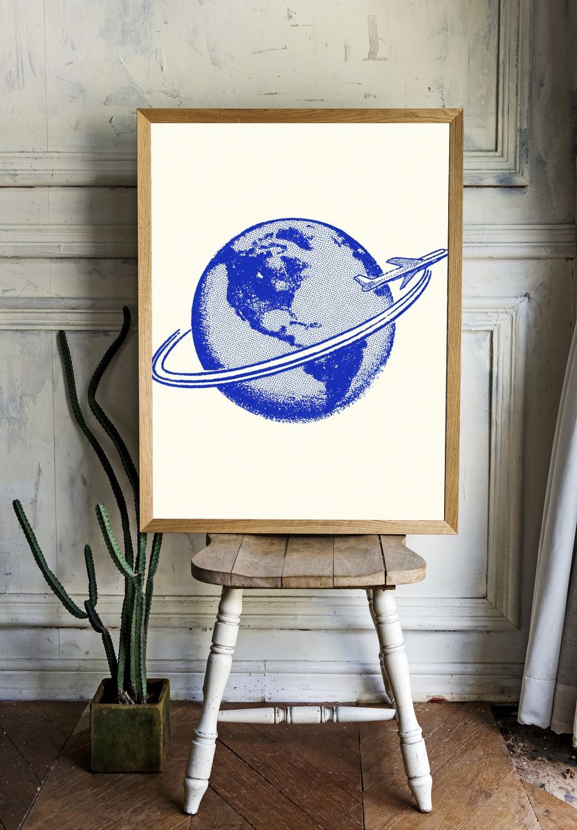 Blue Globe Airplane Illustration Poster. — room view 1