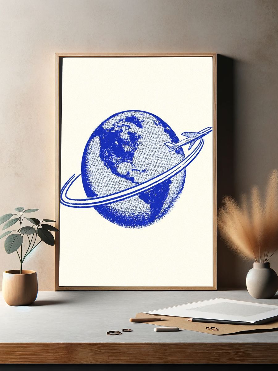 Blue Globe Airplane Illustration Poster. — room view 2
