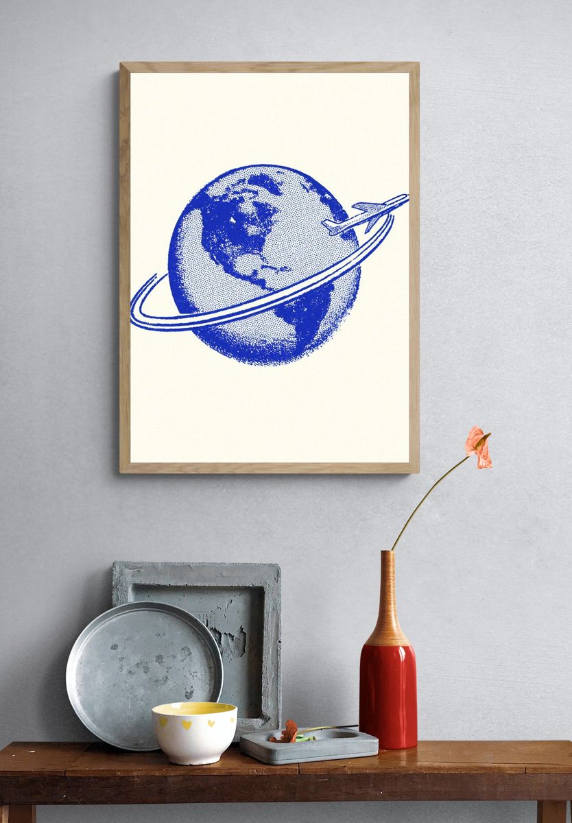 Blue Globe Airplane Illustration Poster. — room view 3