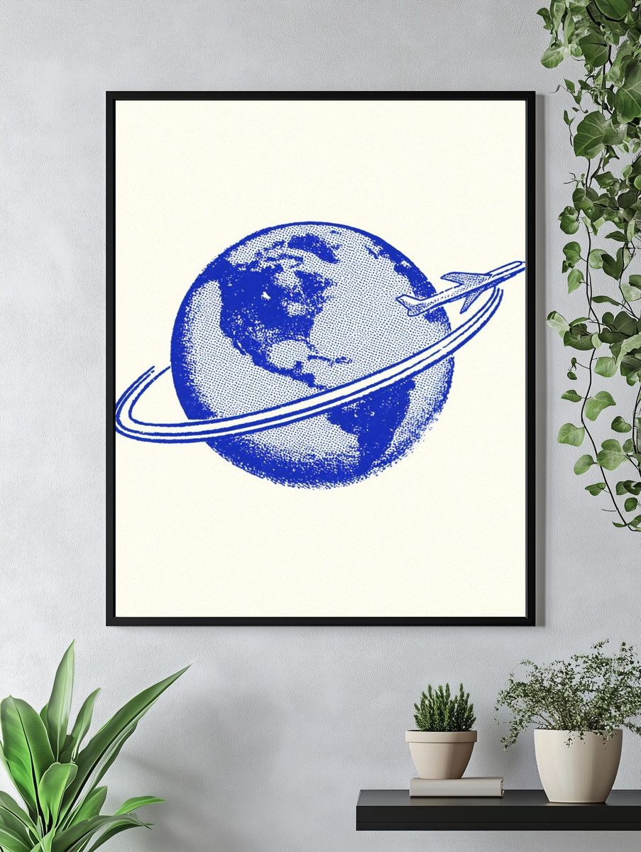 Blue Globe Airplane Illustration Poster. — room view 4