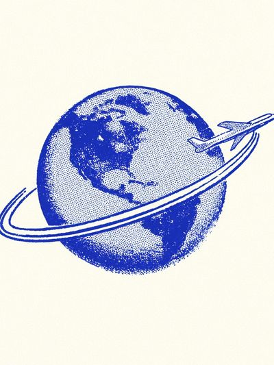 Blue Globe Airplane Illustration Poster. poster