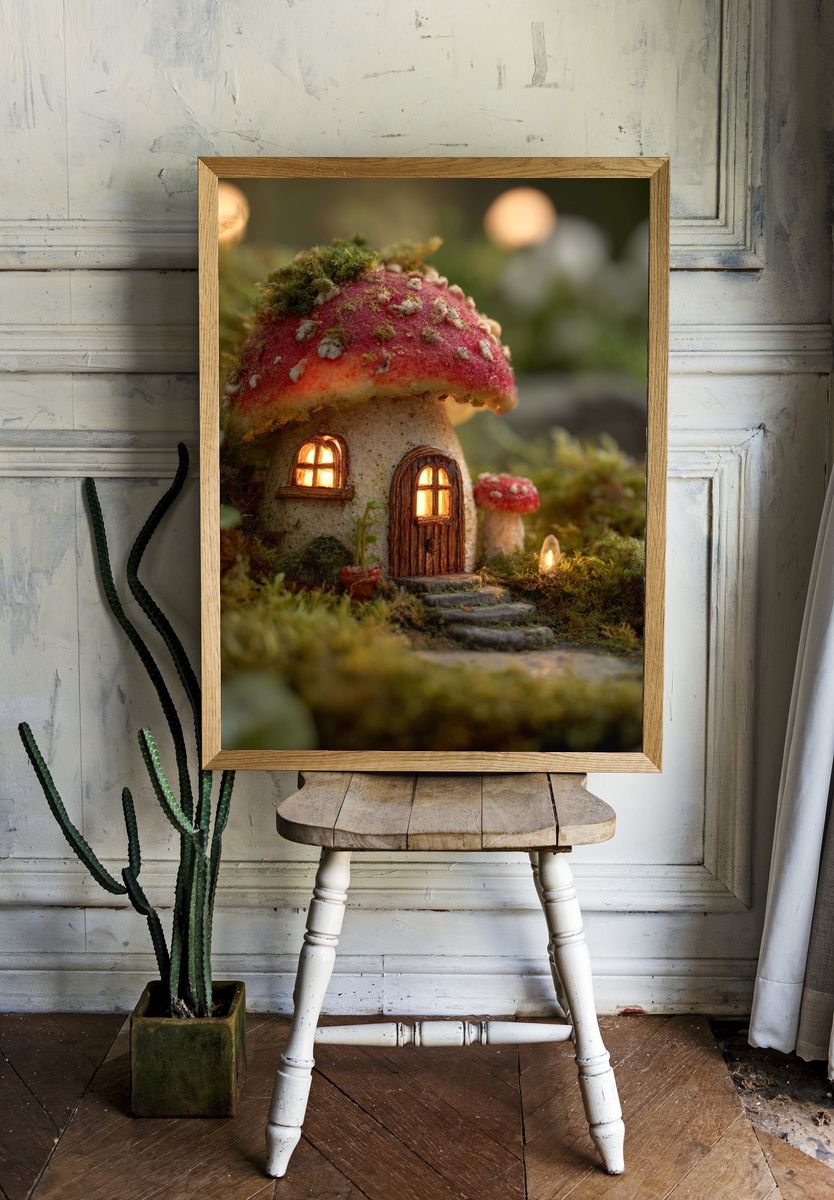 Enchanted Mushroom Cottage Illustration Poster room preview