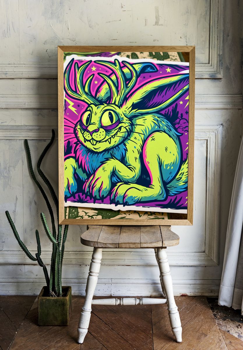 Neon Rabbit Cartoon Poster. room preview