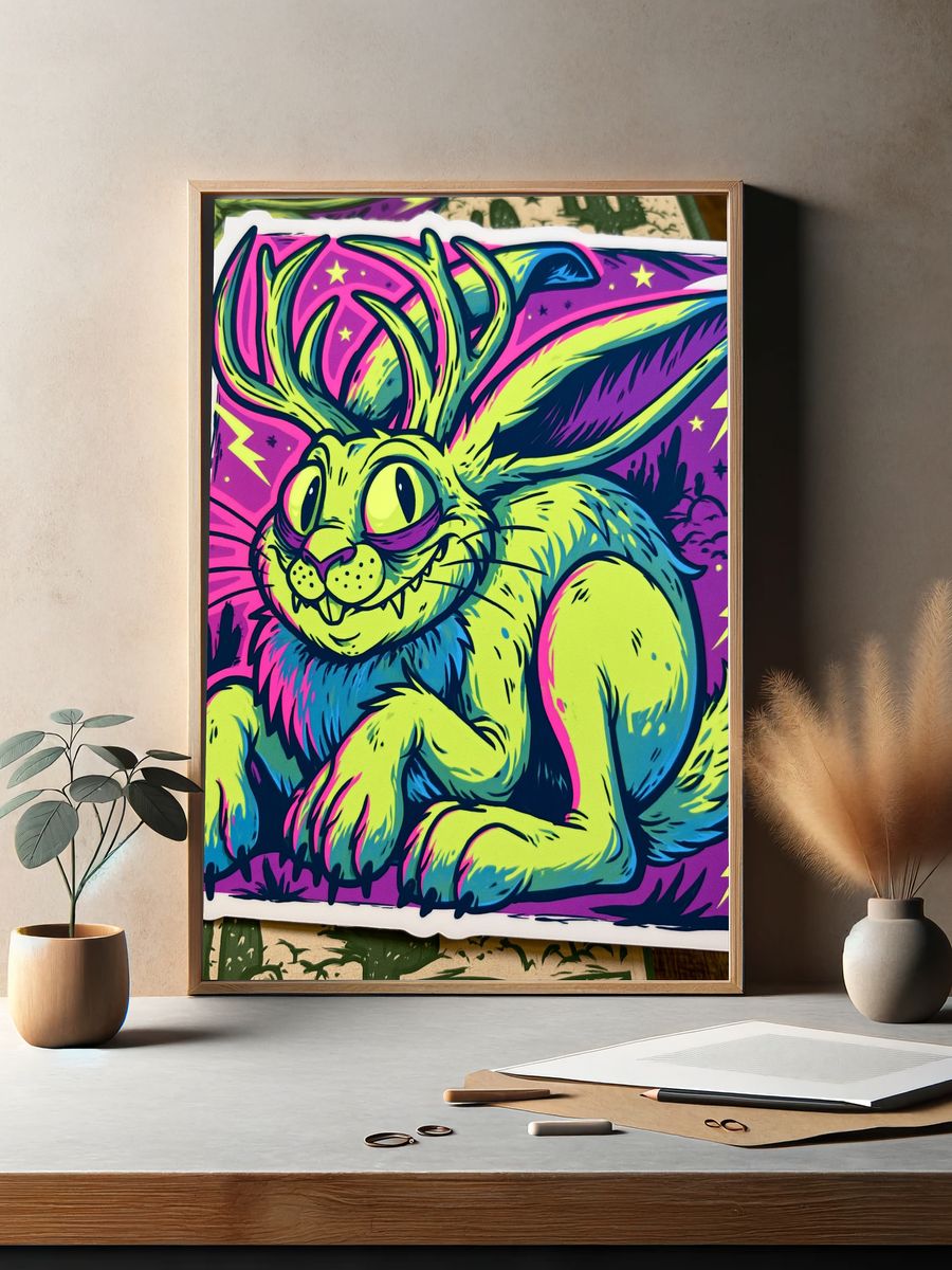Neon Rabbit Cartoon Poster. — room view 2