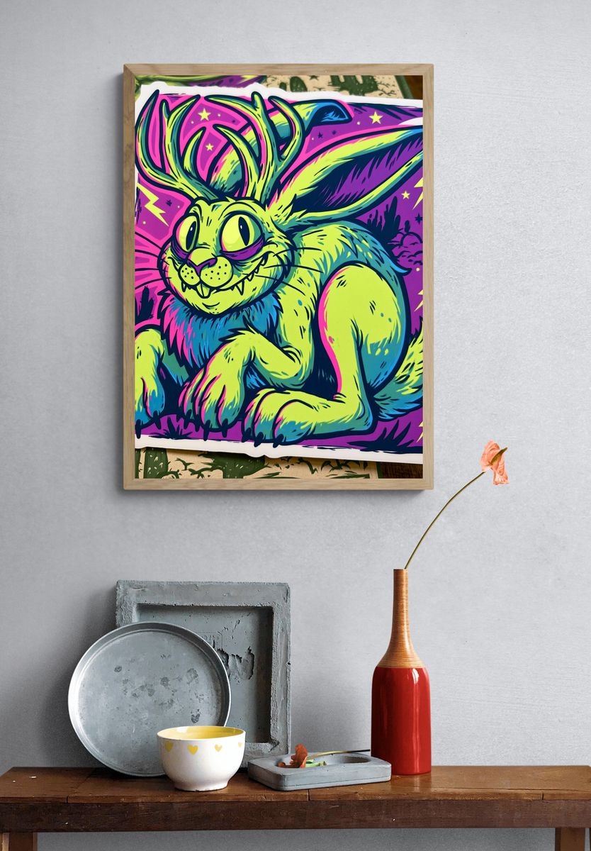 Neon Rabbit Cartoon Poster. — room view 3