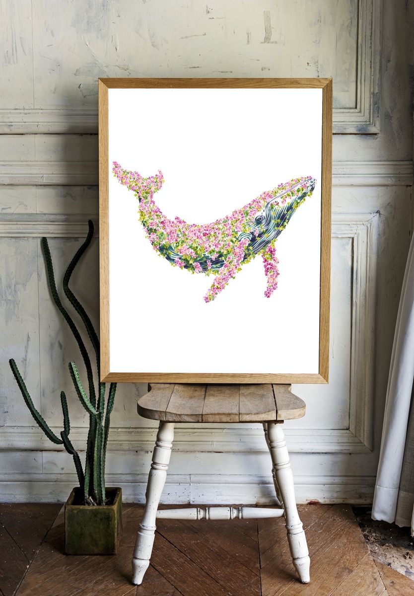 Floral Whale Illustration Poster. room preview