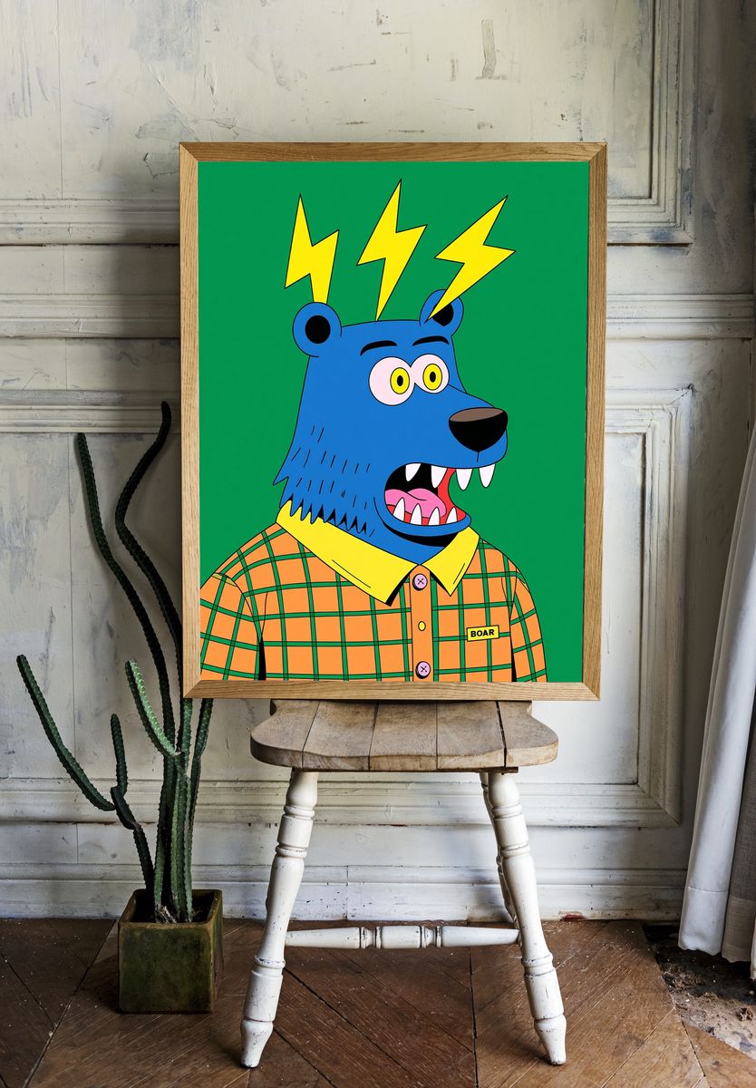 Electric Bear Cartoon Print. room preview