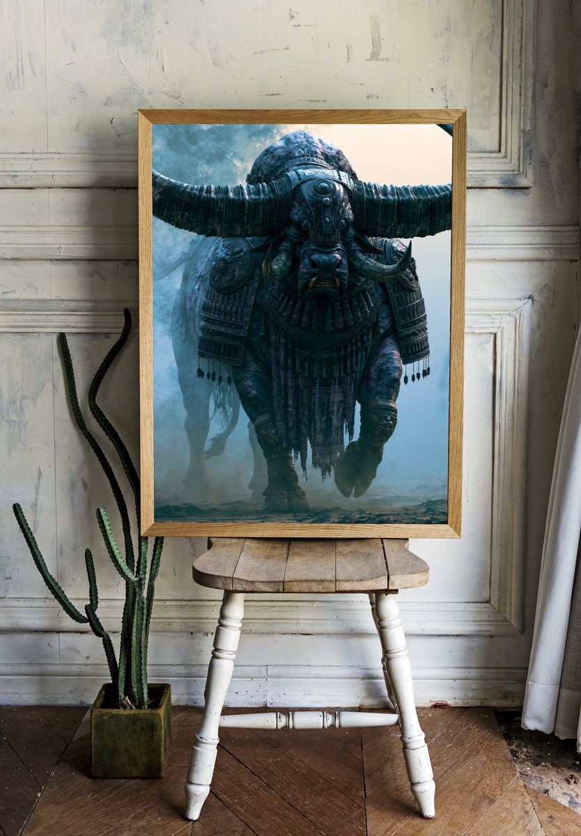 Armored War Bull Fantasy Illustration Poster. room preview