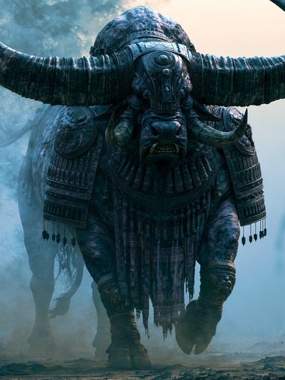 Armored War Bull Fantasy Illustration Poster. poster