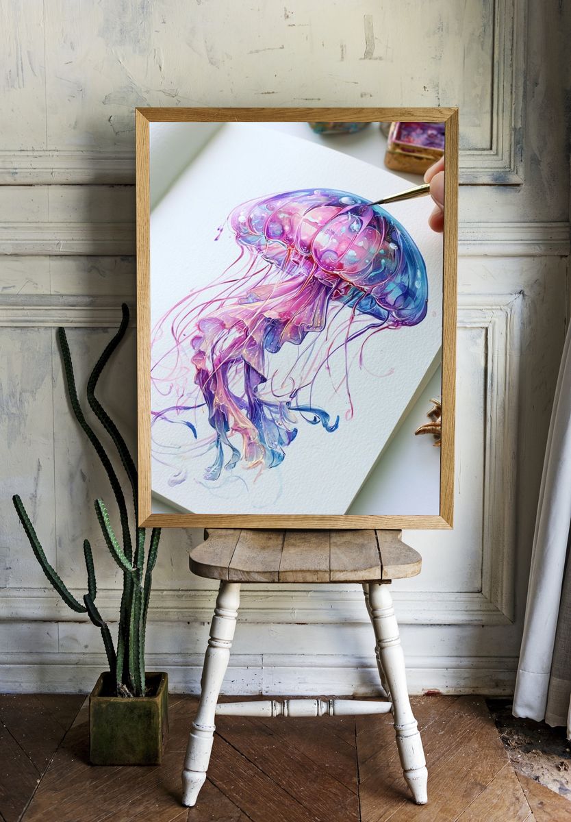 Neon Jellyfish Illustration Poster. — room view 1