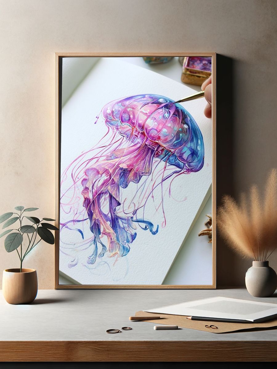 Neon Jellyfish Illustration Poster. — room view 2