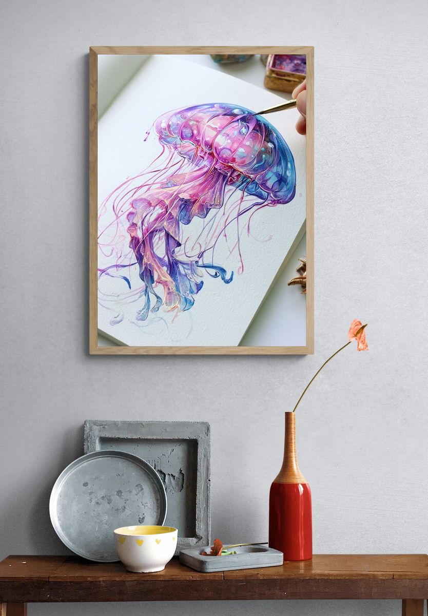 Neon Jellyfish Illustration Poster. — room view 3
