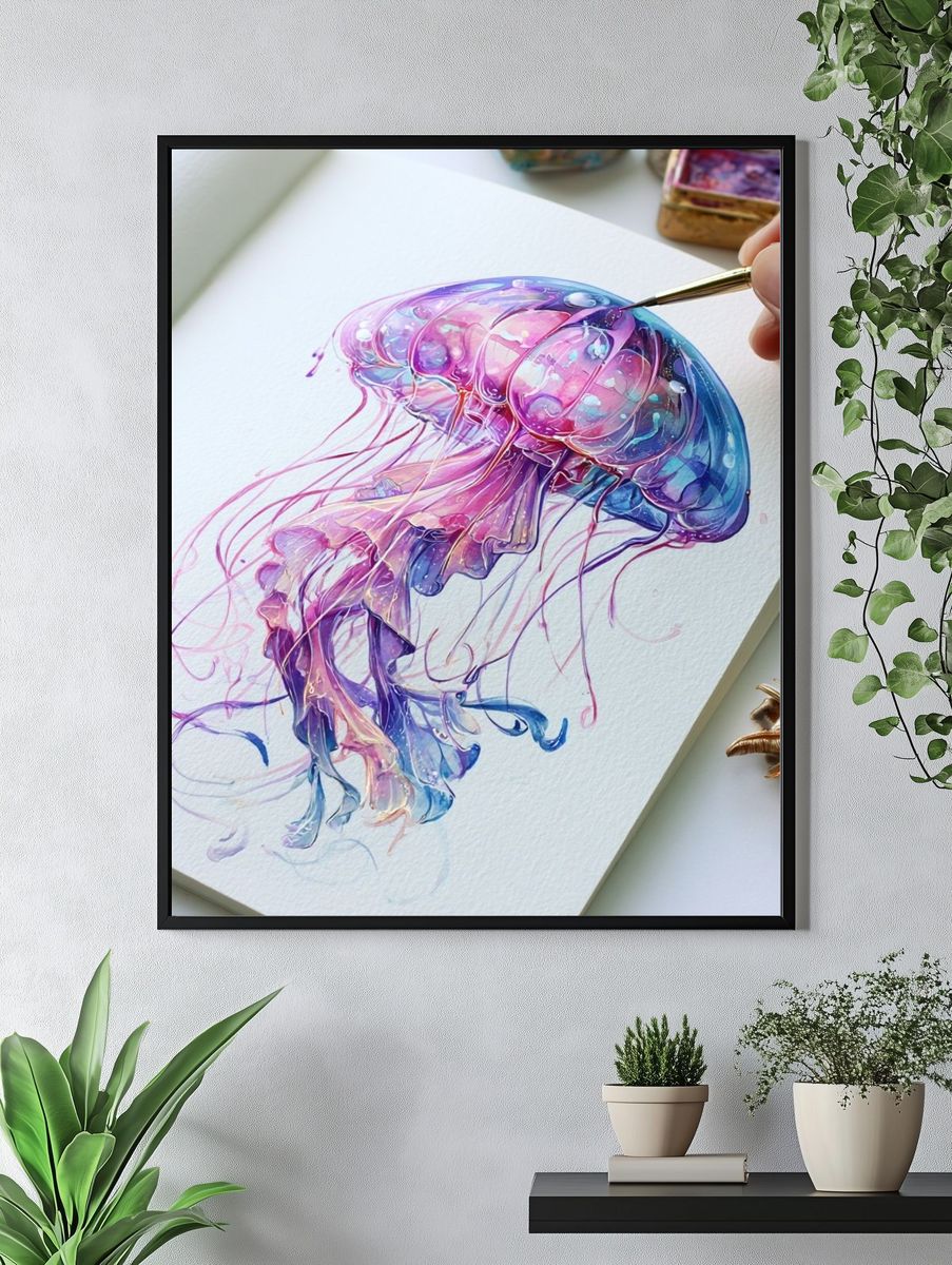 Neon Jellyfish Illustration Poster. — room view 4