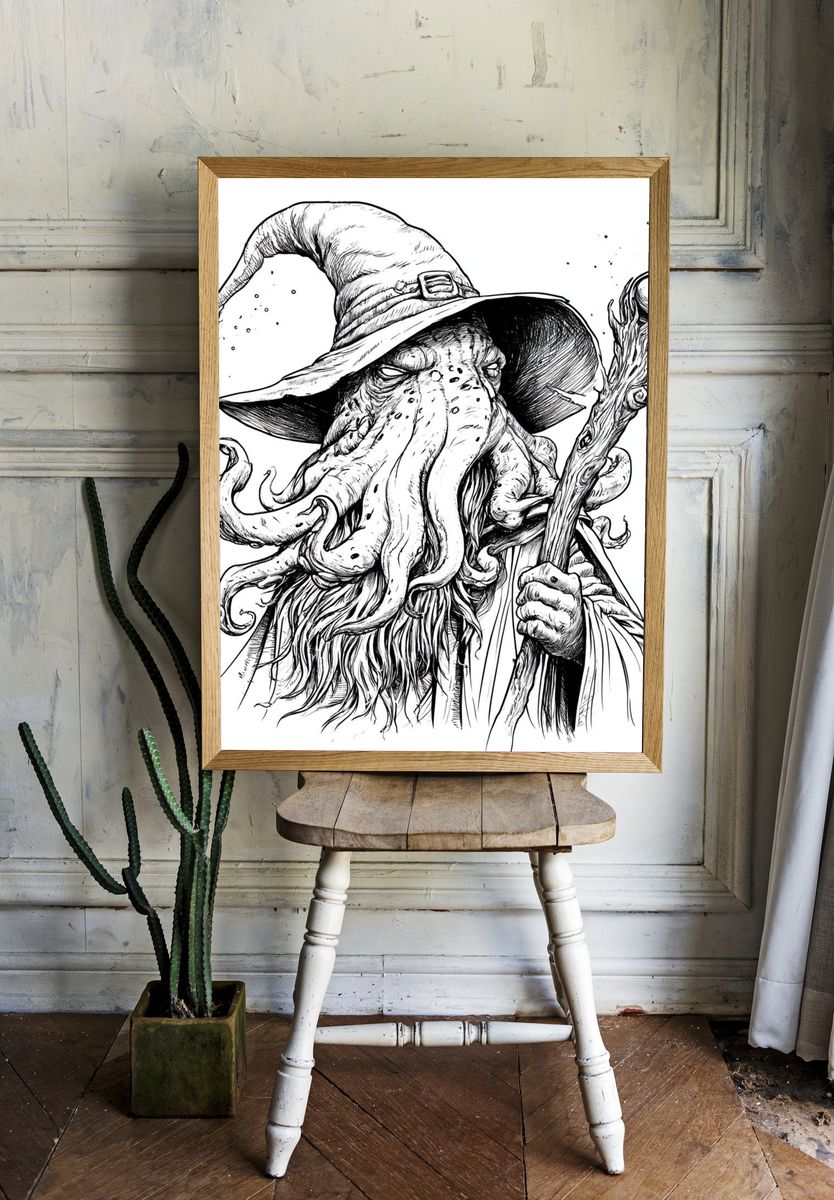 Cthulhu Wizard Ink Print. — room view 1