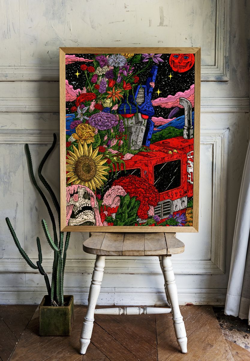 Surreal Floral Skullscape Print. — room view 1