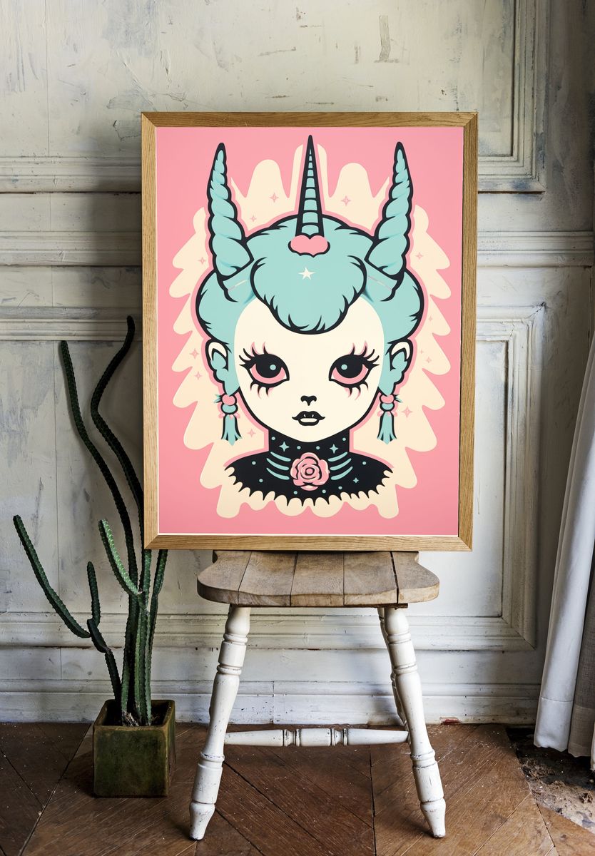 Pastel Unicorn Girl Illustration Poster. — room view 1