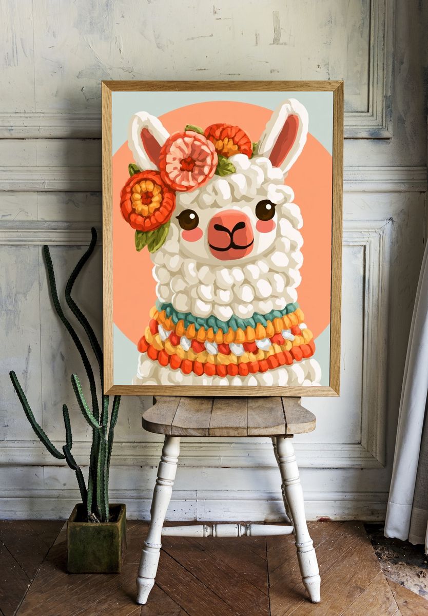 Floral Llama Illustration Poster. room preview