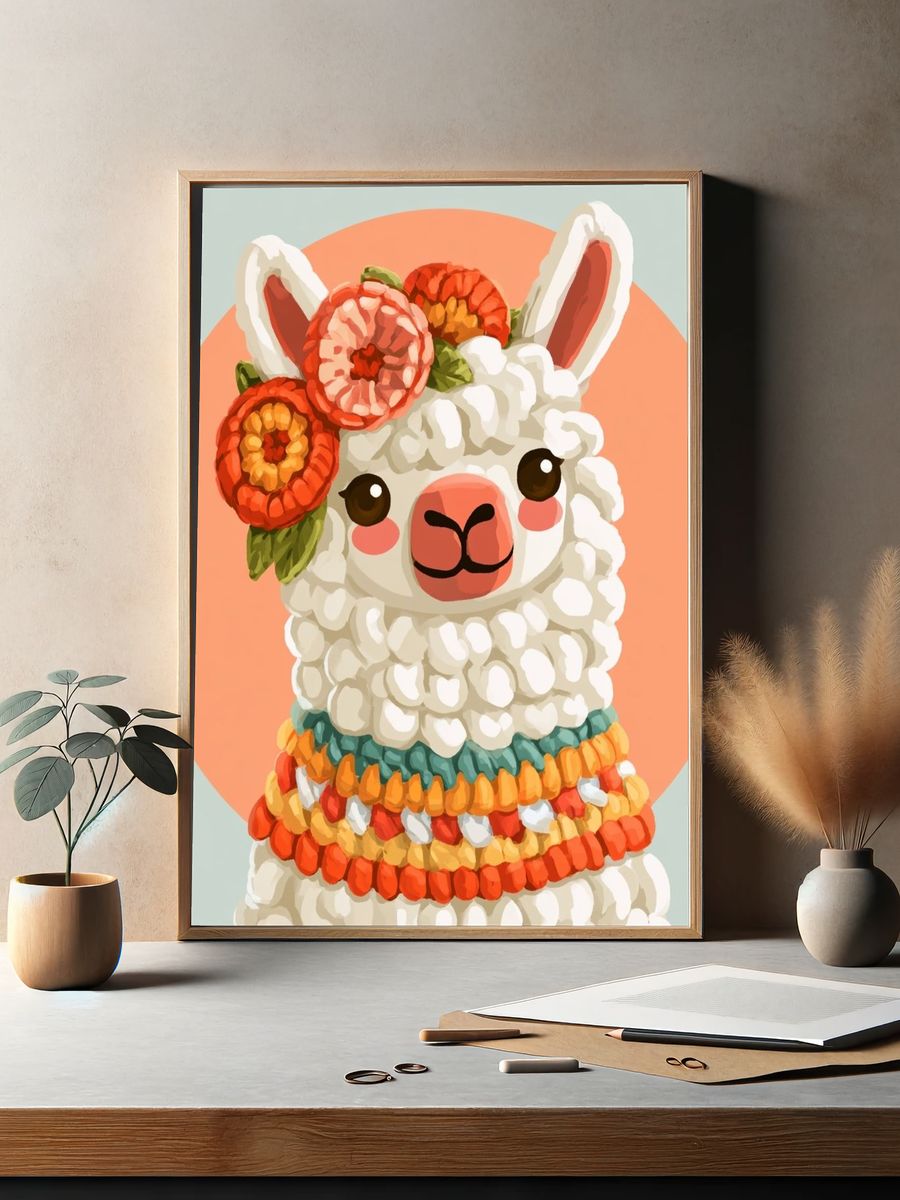 Floral Llama Illustration Poster. — room view 2
