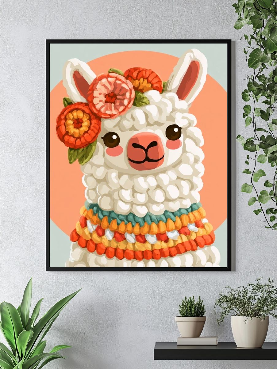 Floral Llama Illustration Poster. — room view 4