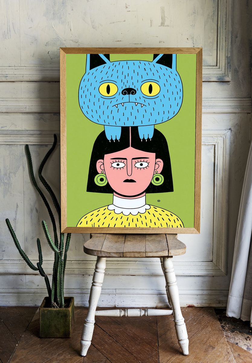 Cat Head Girl Illustration Poster. room preview