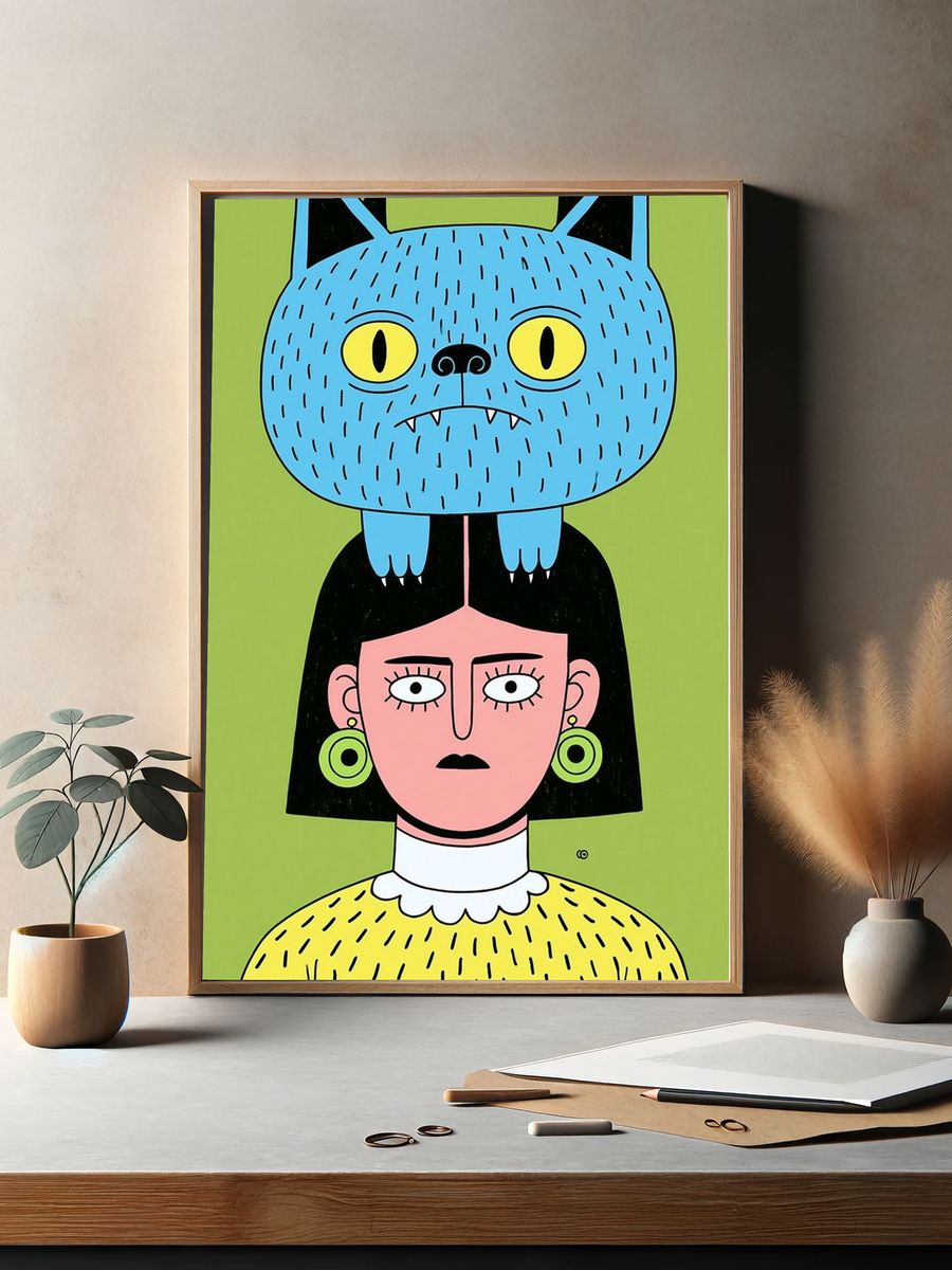 Cat Head Girl Illustration Poster. — room view 2