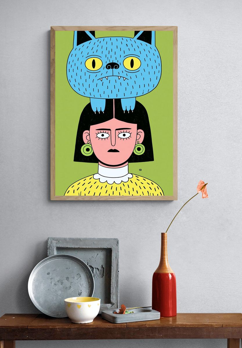 Cat Head Girl Illustration Poster. — room view 3