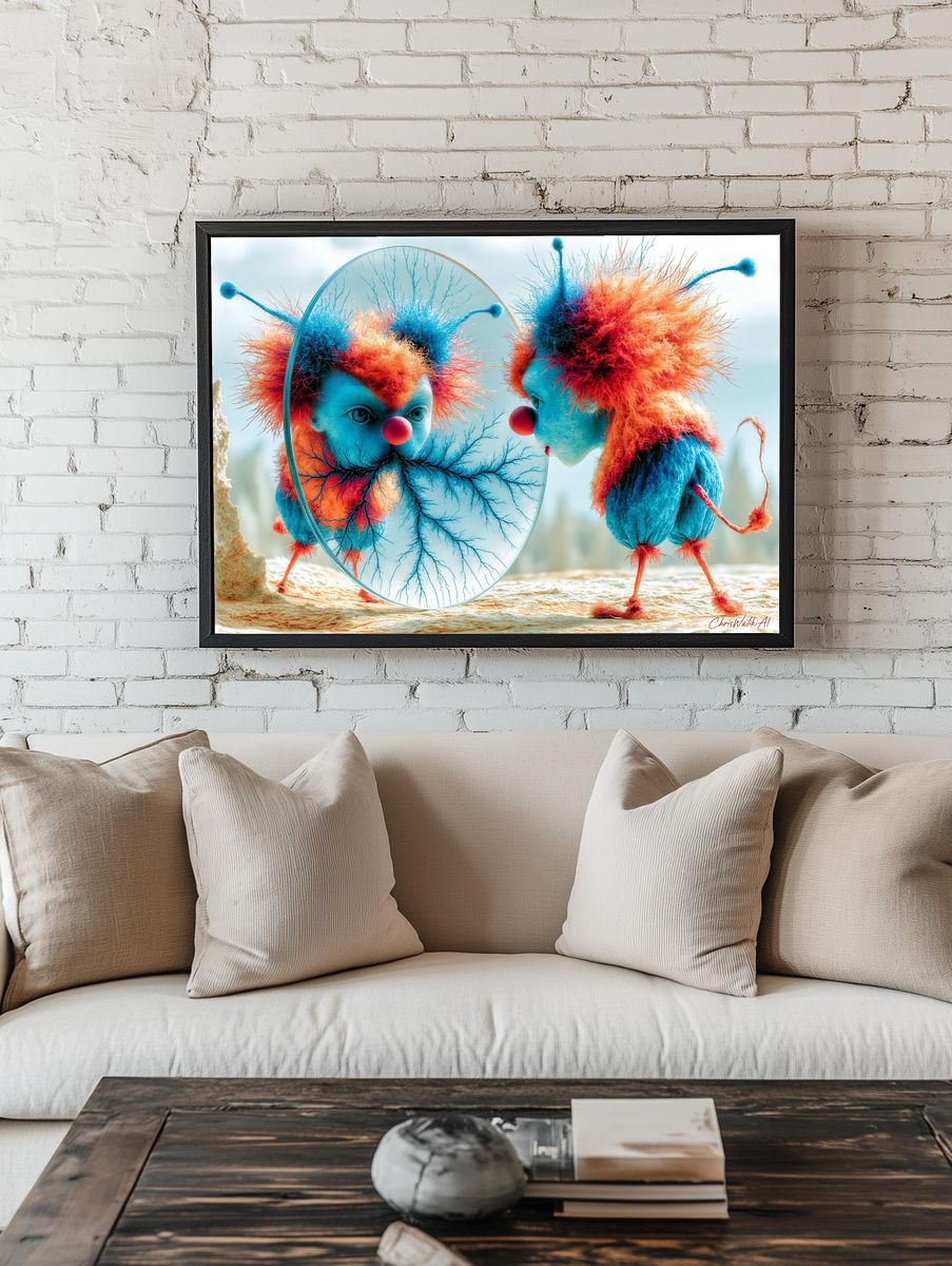 Surreal Clown Reflection Print. room preview
