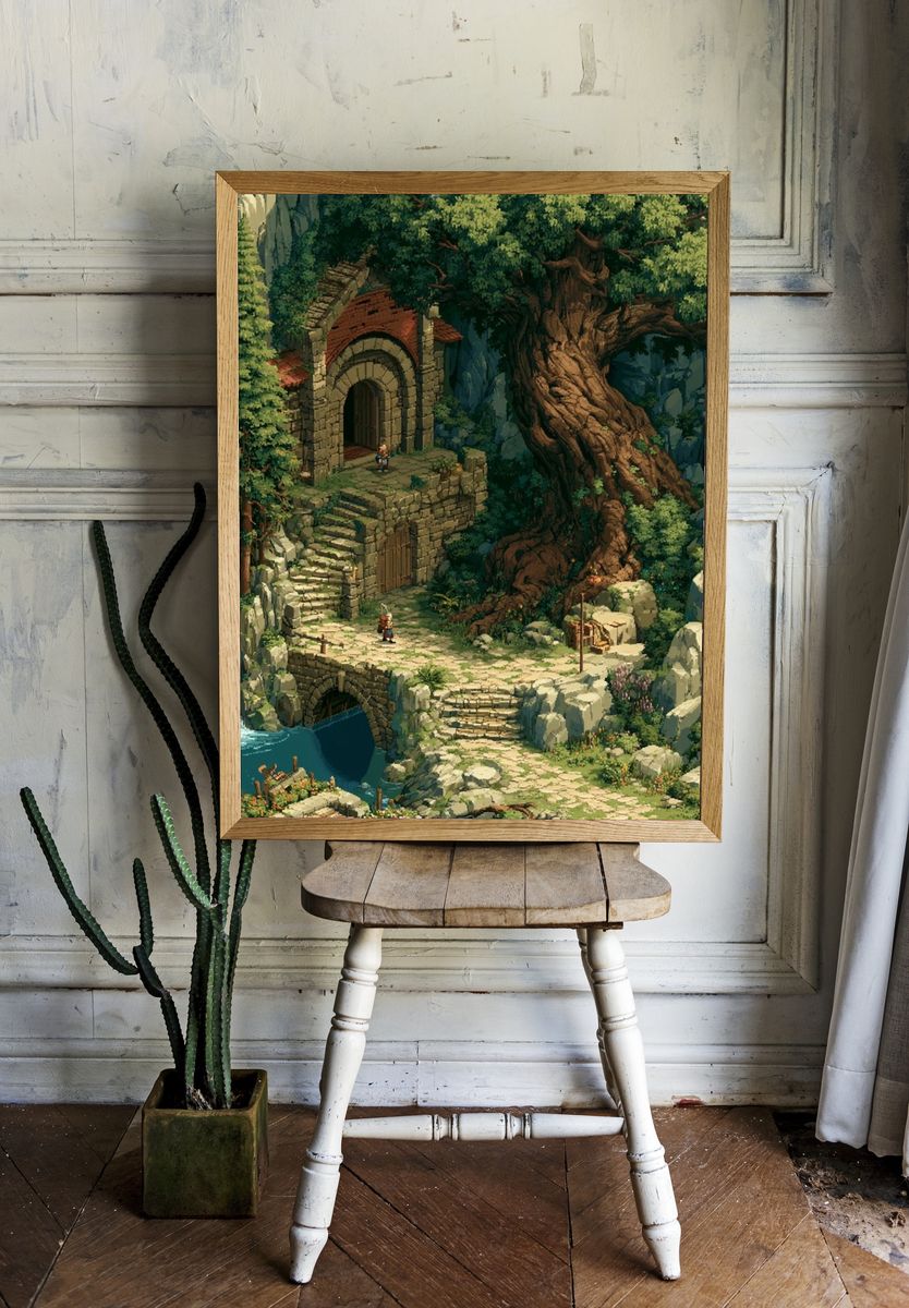 Fantasy Waterfall Ruins Illustration Poster. room preview