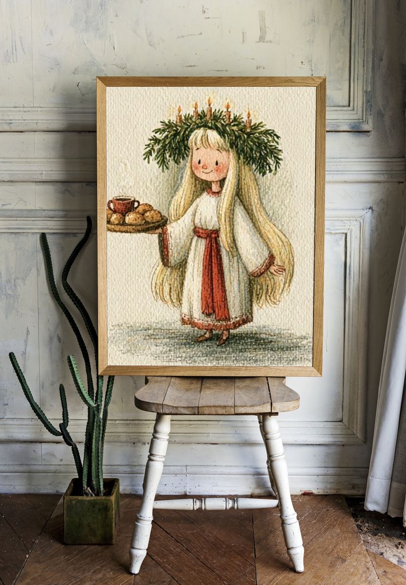 Girl with Bread Tray Watercolor Poster. room preview
