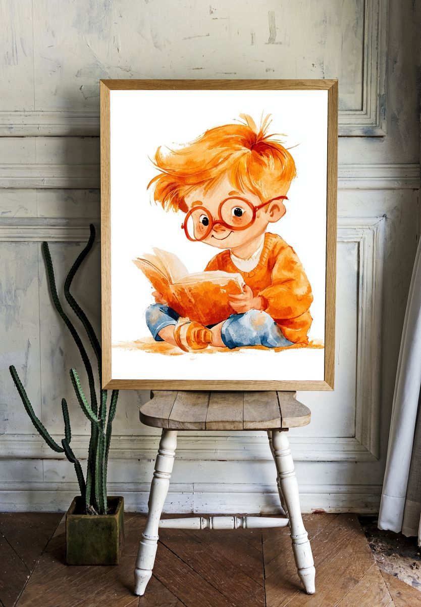 Reading Child Watercolor Print. — room view 1