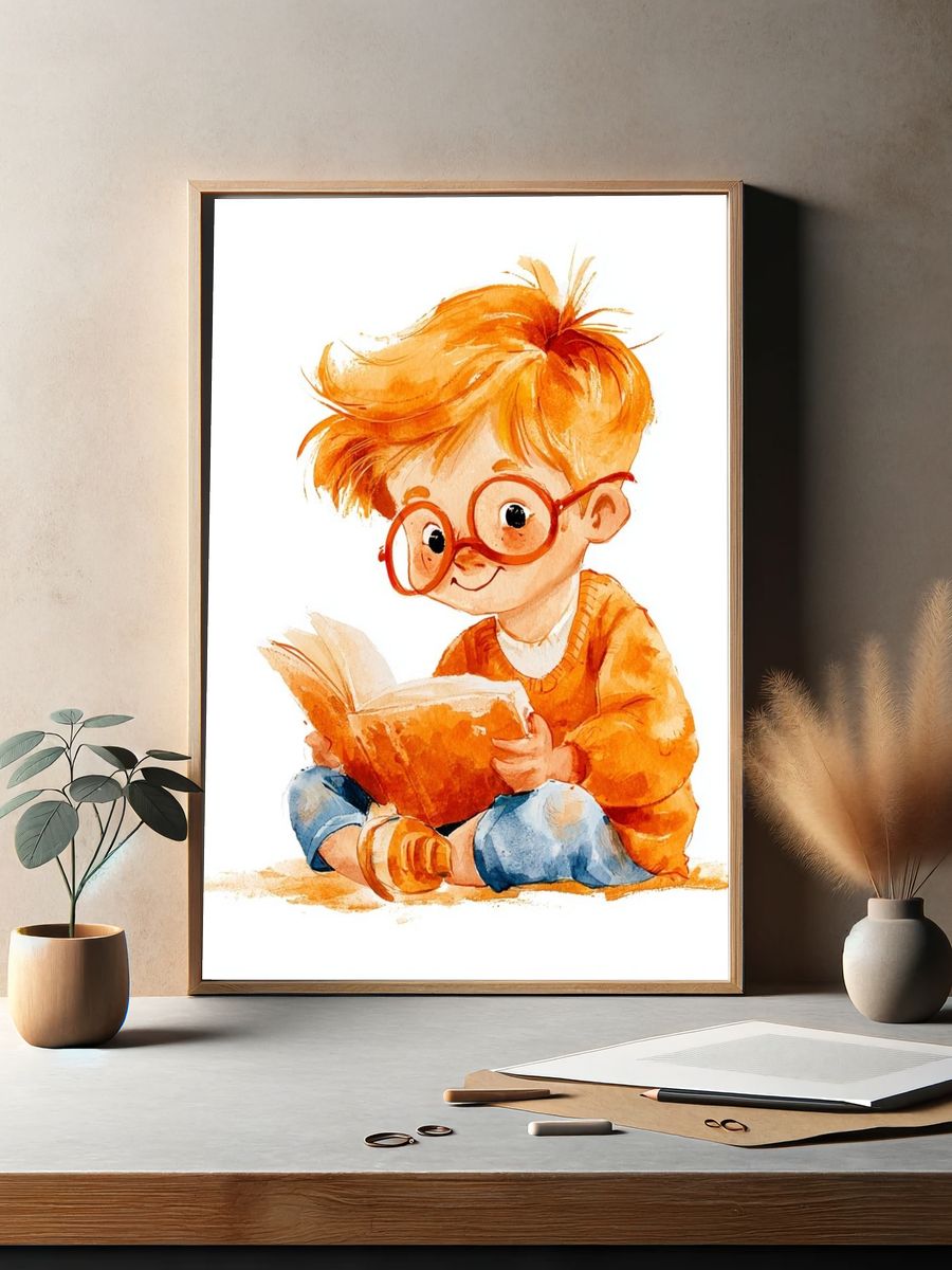 Reading Child Watercolor Print. — room view 2