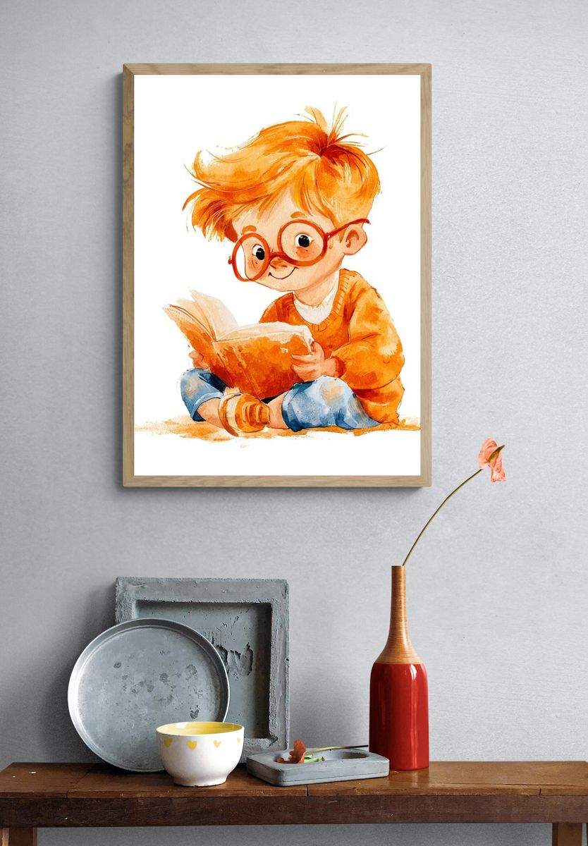 Reading Child Watercolor Print. — room view 3