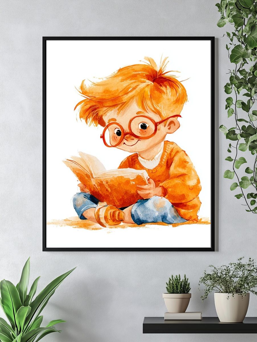 Reading Child Watercolor Print. — room view 4