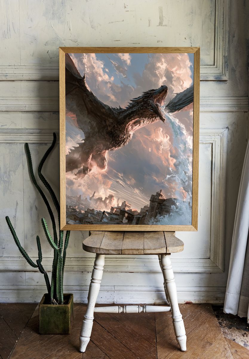 Dragon Over Cityscape Illustration Poster. room preview