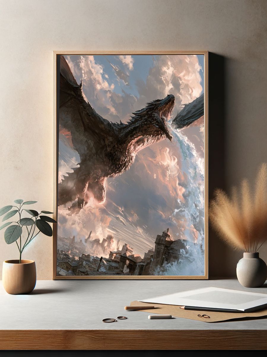 Dragon Over Cityscape Illustration Poster. — room view 2