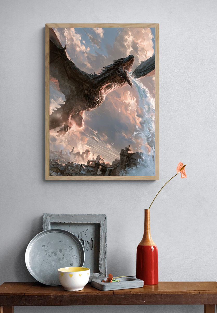 Dragon Over Cityscape Illustration Poster. — room view 3