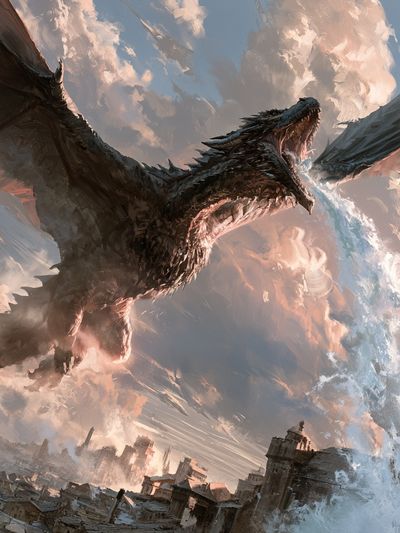 Dragon Over Cityscape Illustration Poster. poster