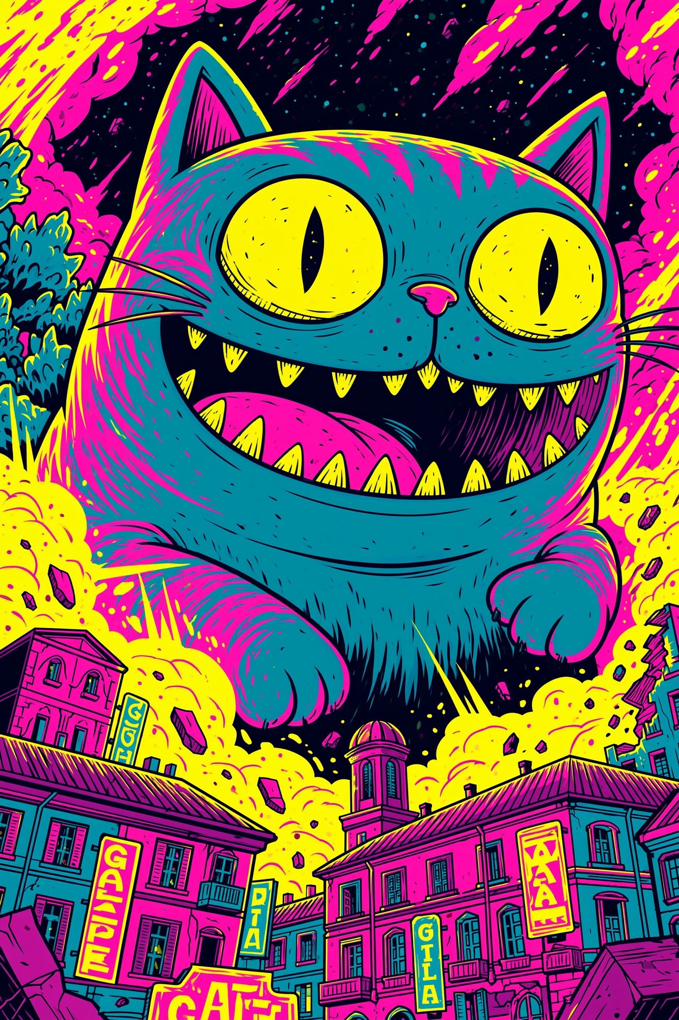 Neon Cat Cityscape Illustration Poster. poster — illustration art