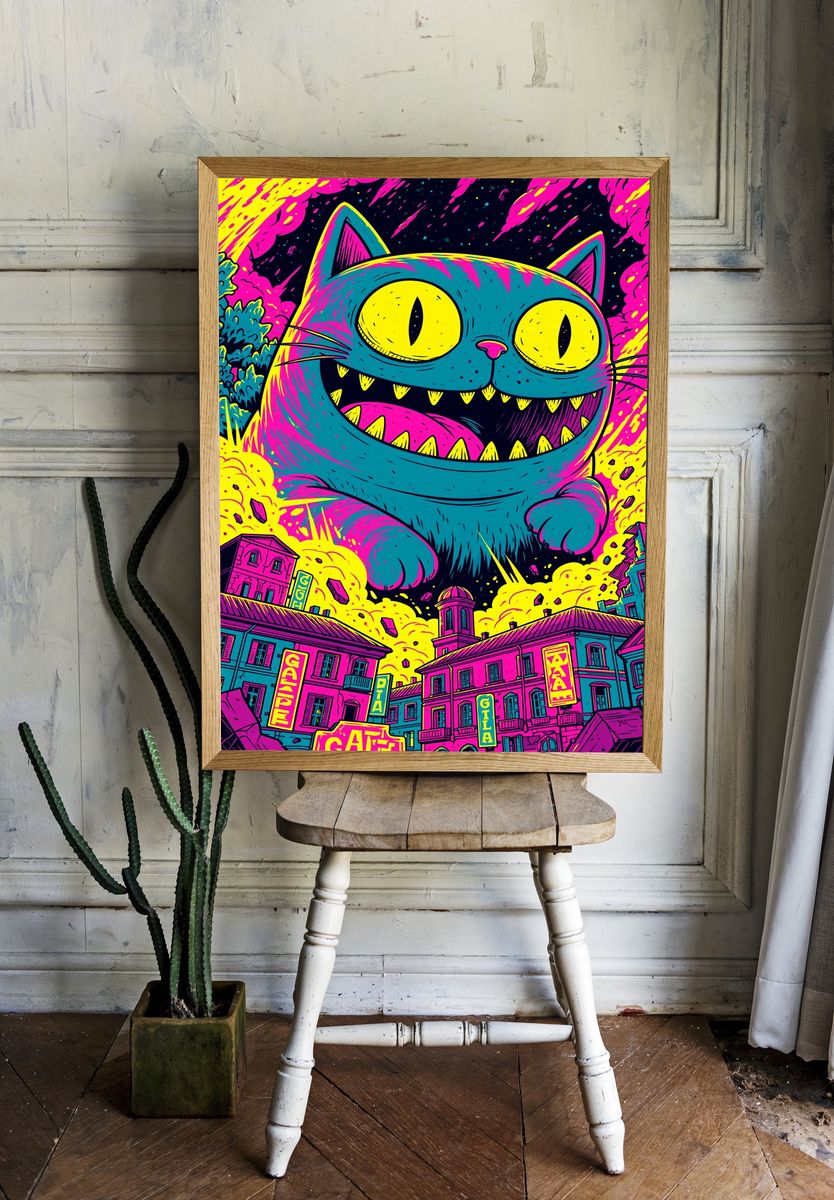 Neon Cat Cityscape Illustration Poster. room preview