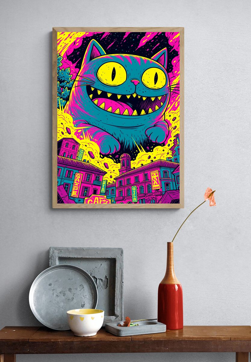 Neon Cat Cityscape Illustration Poster. — room view 3