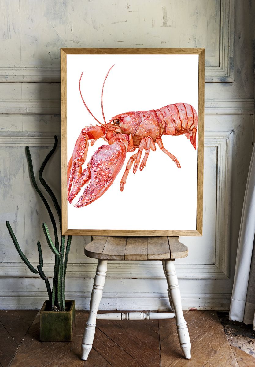 Pink Lobster Watercolor Print. — room view 1